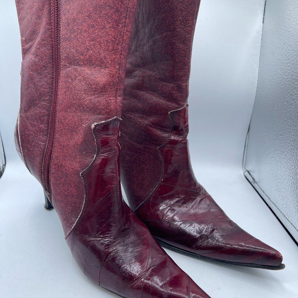 Lady Camp Fashion Exotic Boots Ell Skin Pointed Toe Burgundy Size Mex 26 US 8